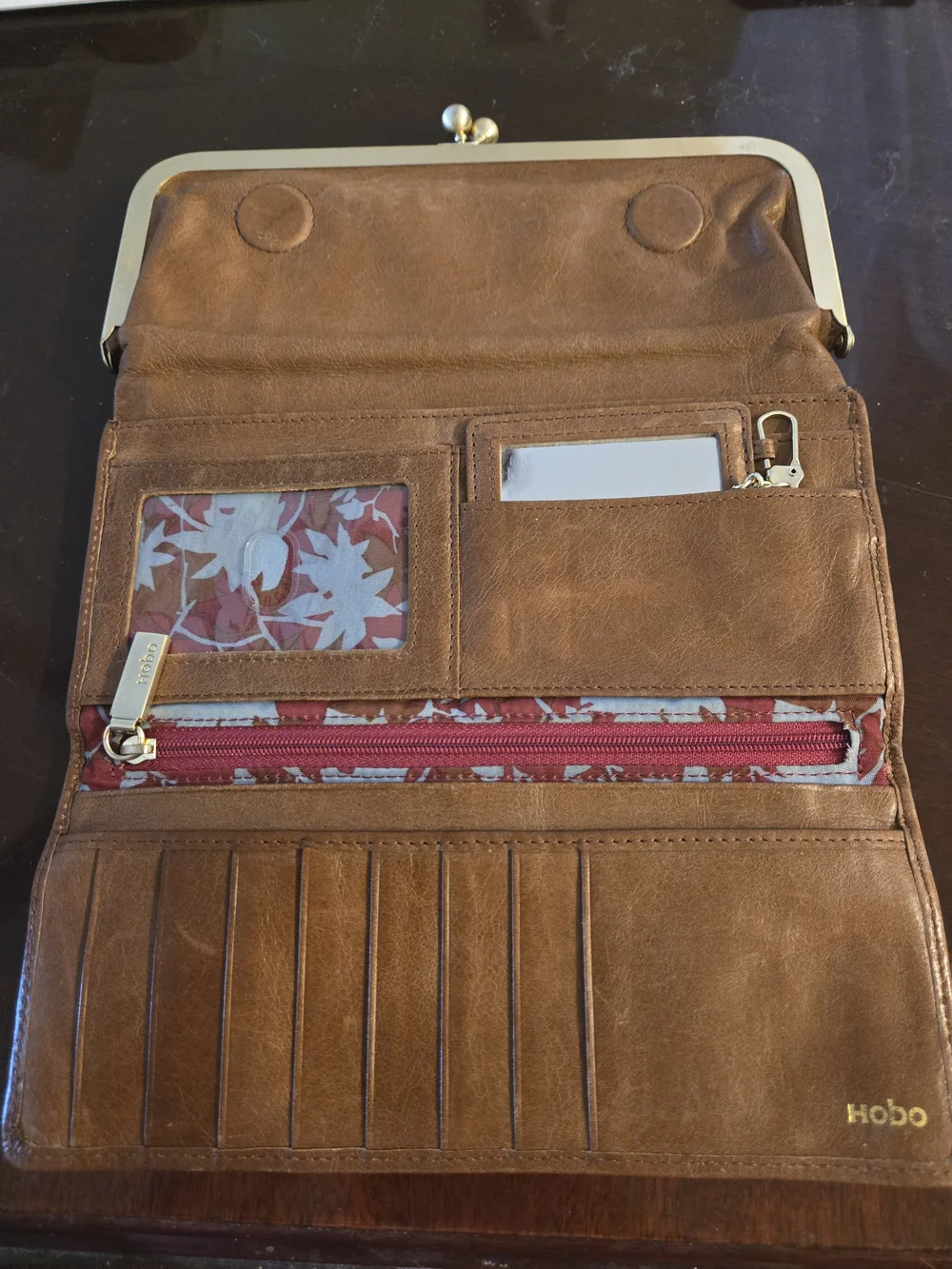 HOBO Brown Leather Kiss-Lock Clutch with Gold Hardware